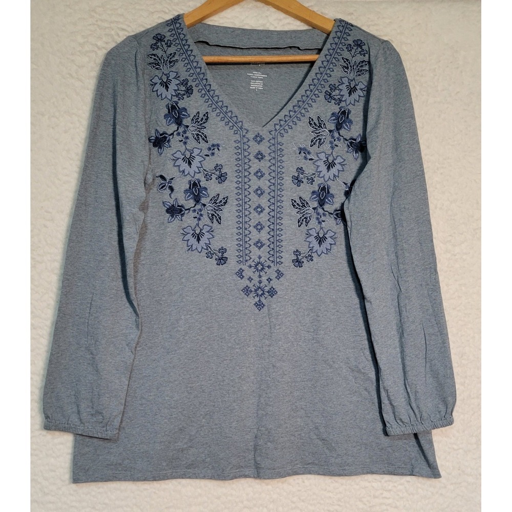 Pure Jill Floral Embroidered V-Neck Tunic Top Size S Long Sleeve Boho 1724